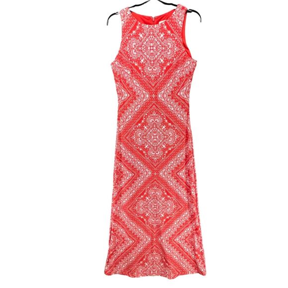 Eliza J Maxi Dress 4 Red Geo Bandana Print Sleeveless Stretch Jersey Feminine - Picture 2 of 15